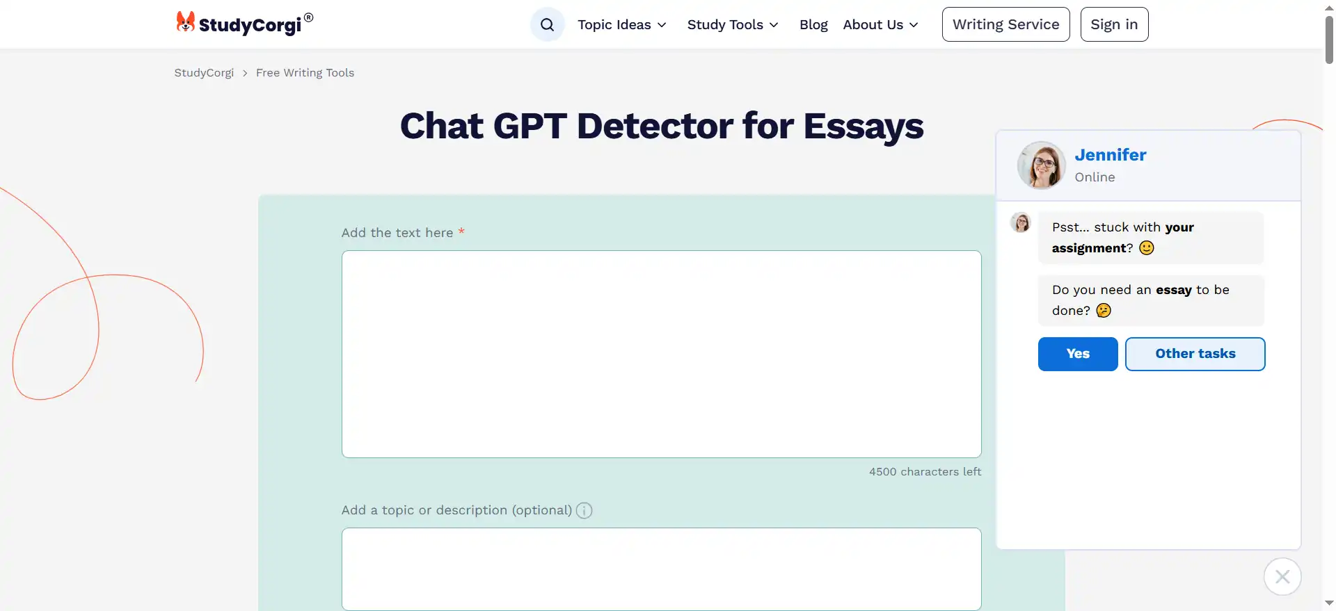 StudyCorgi ChatGPT Detector—a completely free AI detection tool that uses "word color" to tell you which words look too much like AI writing.