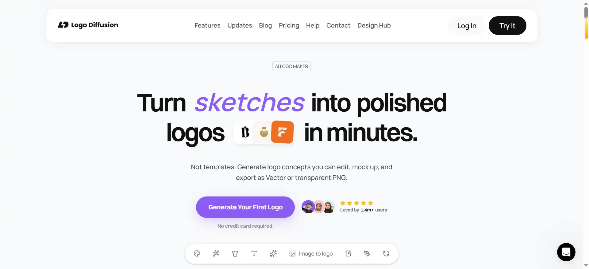 Logo Diffusion—A logo workshop for AI-generated badges, 3D lettering, and complete brand visual identities.