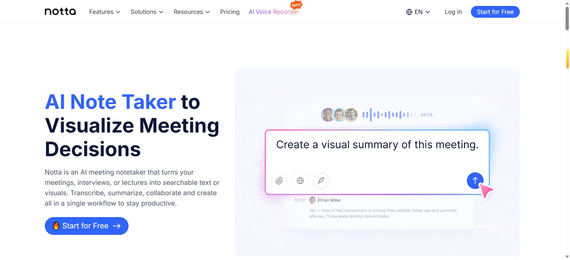 Notta—an AI meeting recording and transcription tool that turns spoken conversations into a searchable knowledge base.