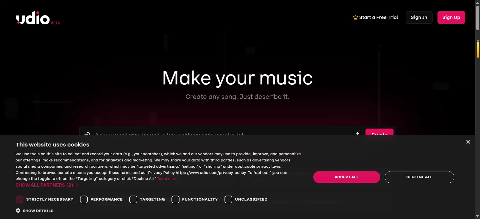 Udio—an AI music creation platform that generates complete songs from text descriptions.