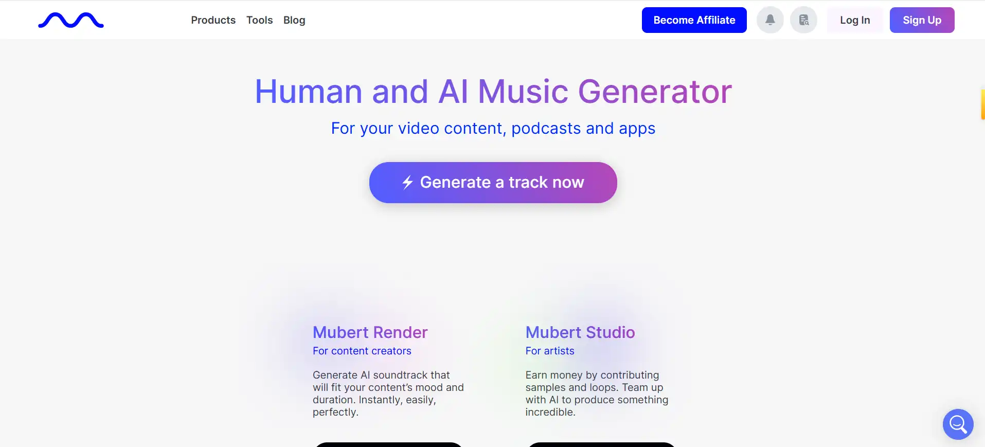Mubert—an AI platform that generates infinite royalty-free music in real-time, providing custom background music for creators, developers, and brands.