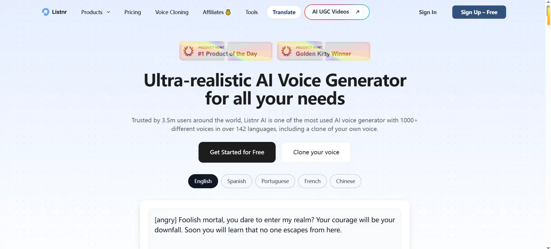Listnr—A tool featuring over 1,000 hyper-realistic AI voices and voice cloning capabilities, reaching a global audience across 142 languages.
