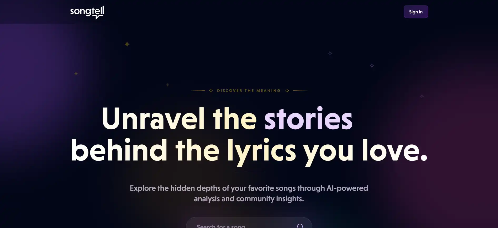 Songtell—an AI-powered platform for interpreting the meaning of songs, using in-depth analysis to uncover the stories behind your favorite lyrics.