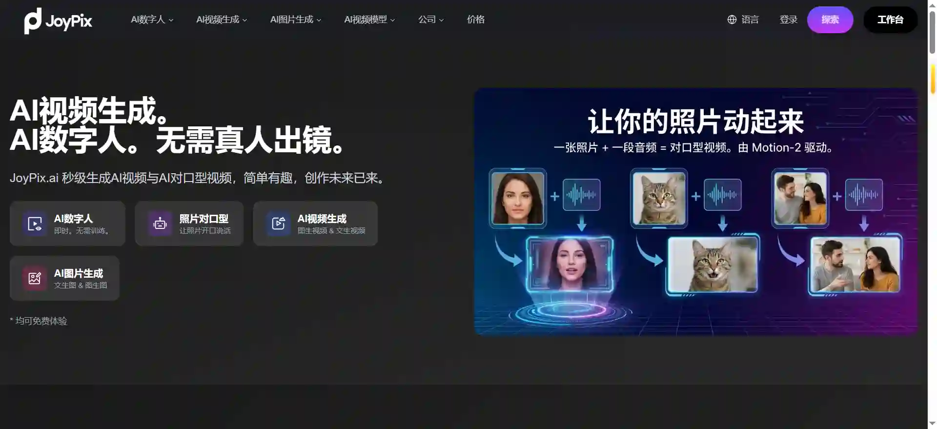 JoyPix AI视频生成器：AI唇形同步、虚拟人、语音克隆与图像生成工具