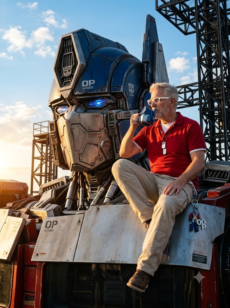 Astride Optimus Prime: A Sunset Mechanized Marvel and the Contemplative Man - 1