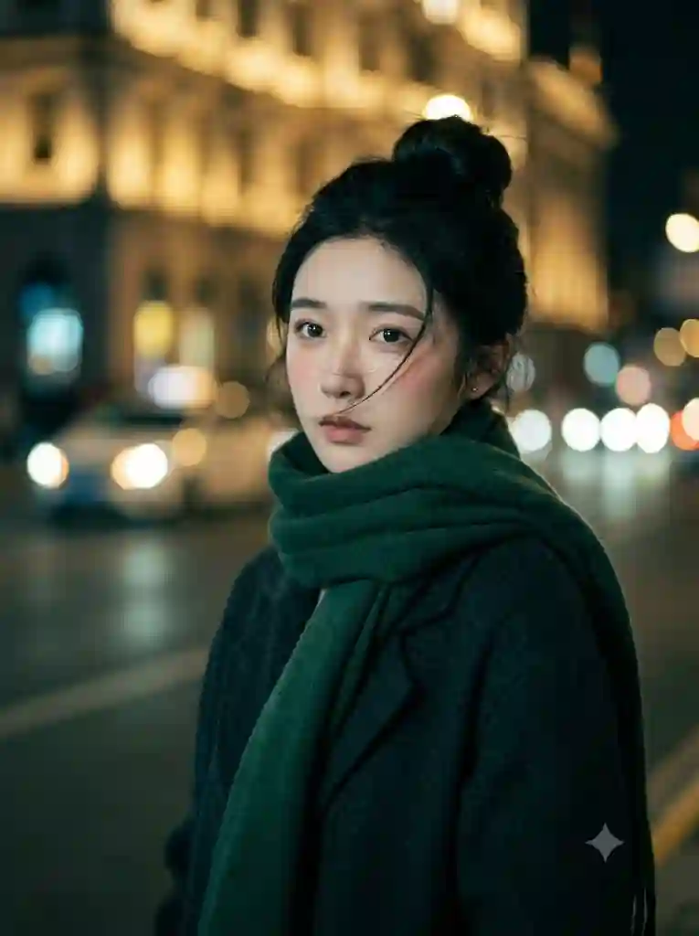 夜色城市光晕中的优雅女性肖像 - 1