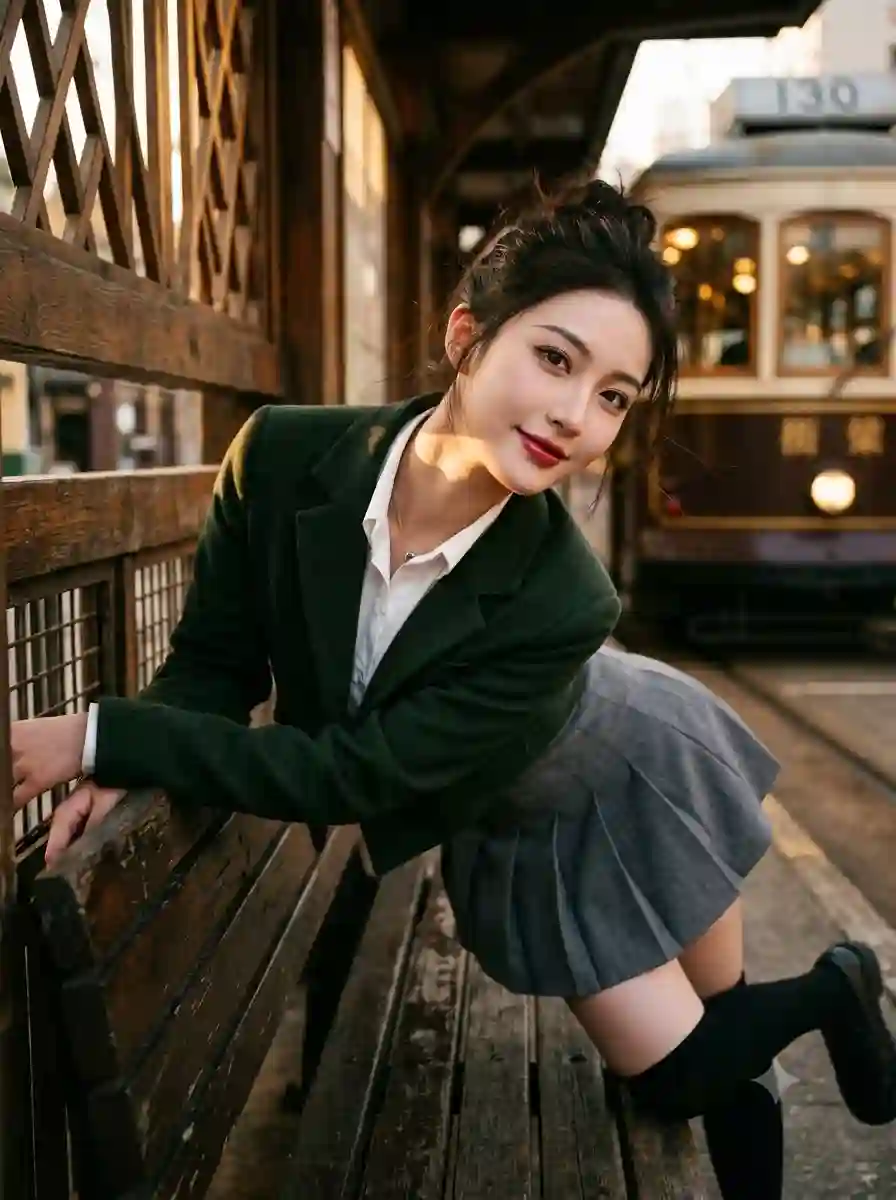 Dusk Tram Stop: Vintage Allure of a Girl in an Olive Blazer - 1