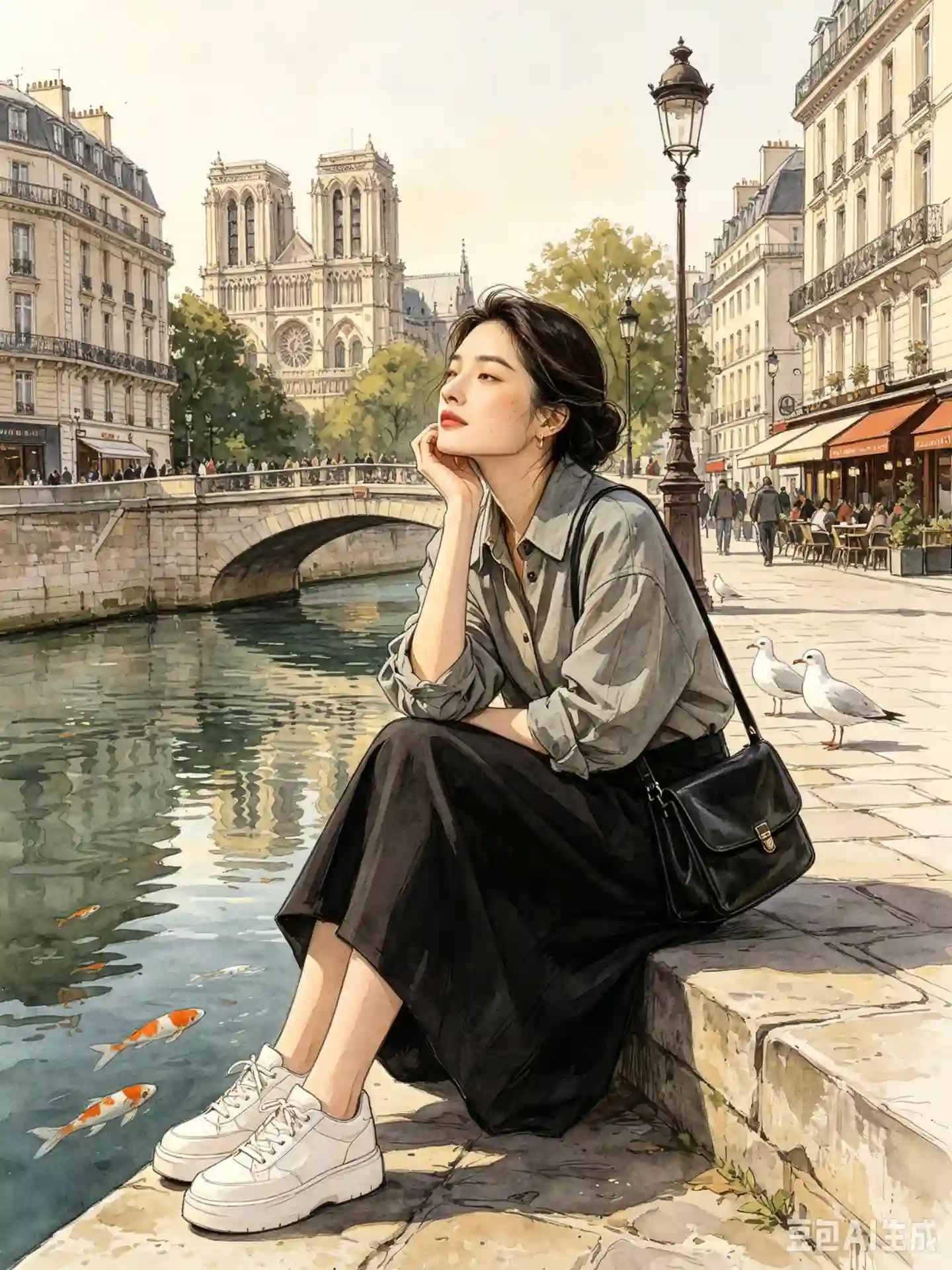 巴黎运河边的水彩墨韵少女 - 1