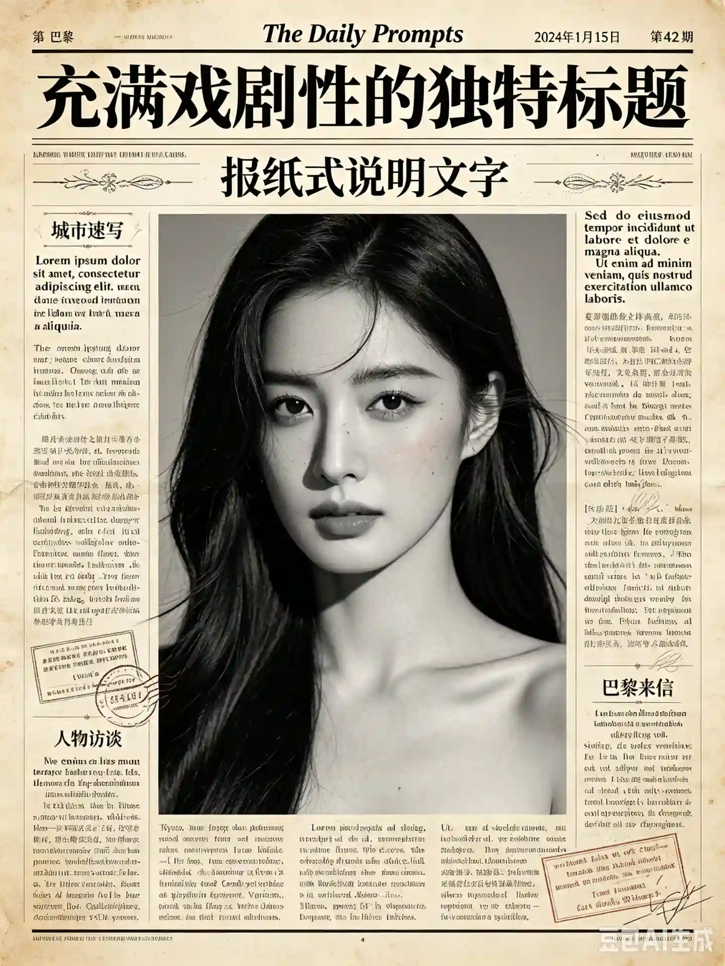 Vintage Newspaper Front Page with Cinematic B&amp;W Portrait - 1