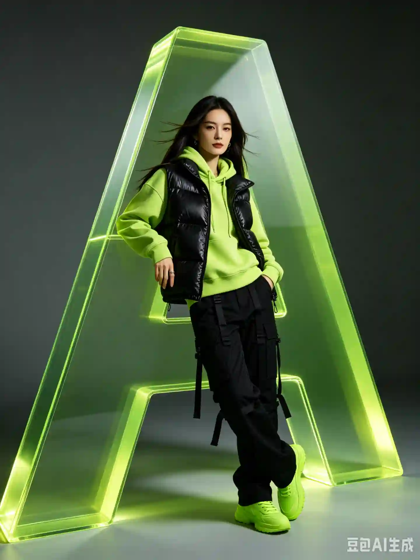 Hania AI 品牌时尚大片：荧光绿玻璃字母A中的科技感女郎 - 1