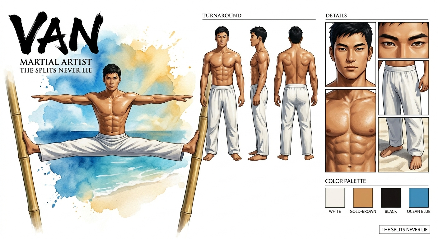 Martial Artist VAN Character Bible: Perfect Splits Amidst Tropical Bamboo