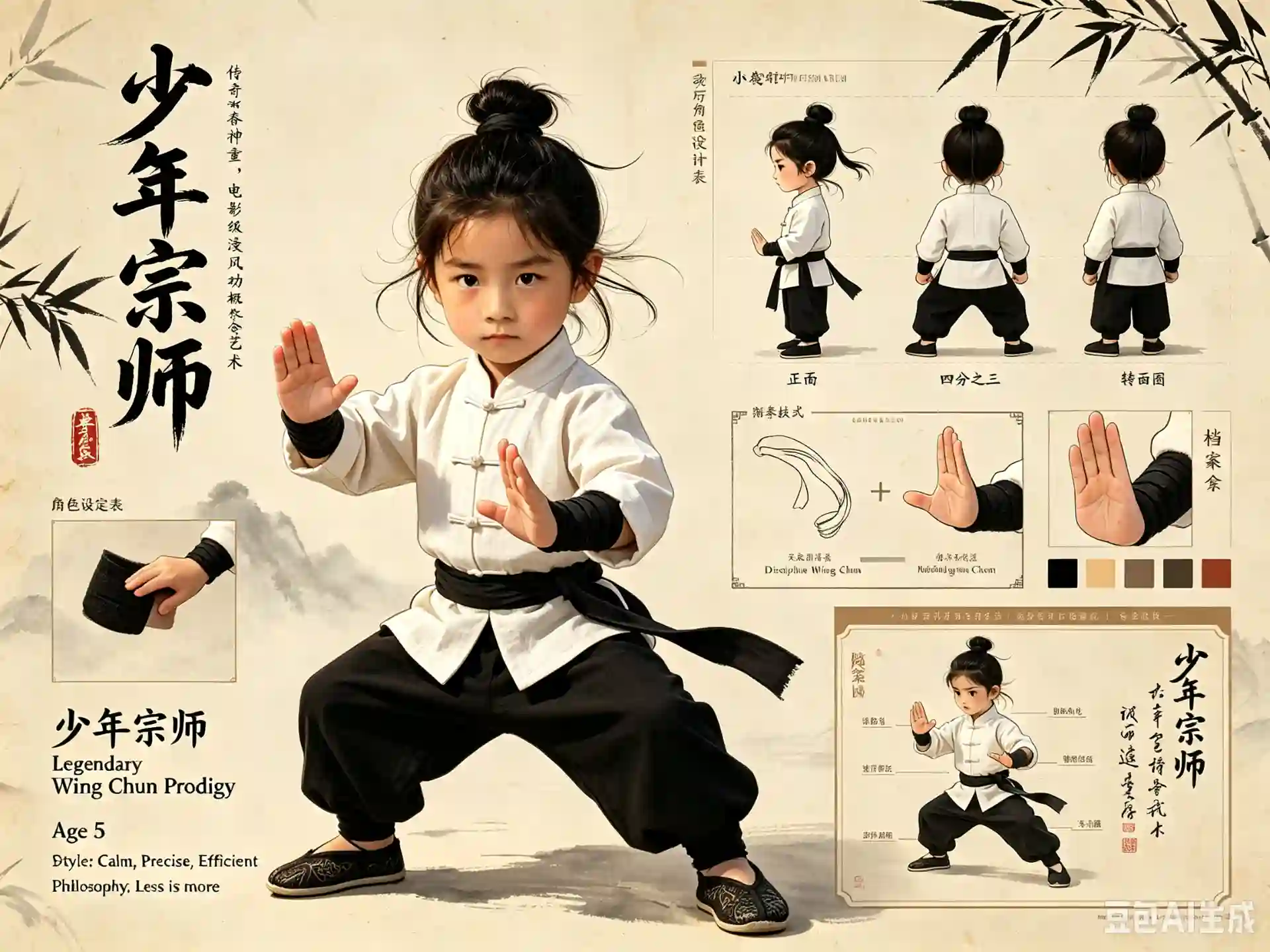 Wing Chun Prodigy · Ink-Wash Boy Character Sheet - 1